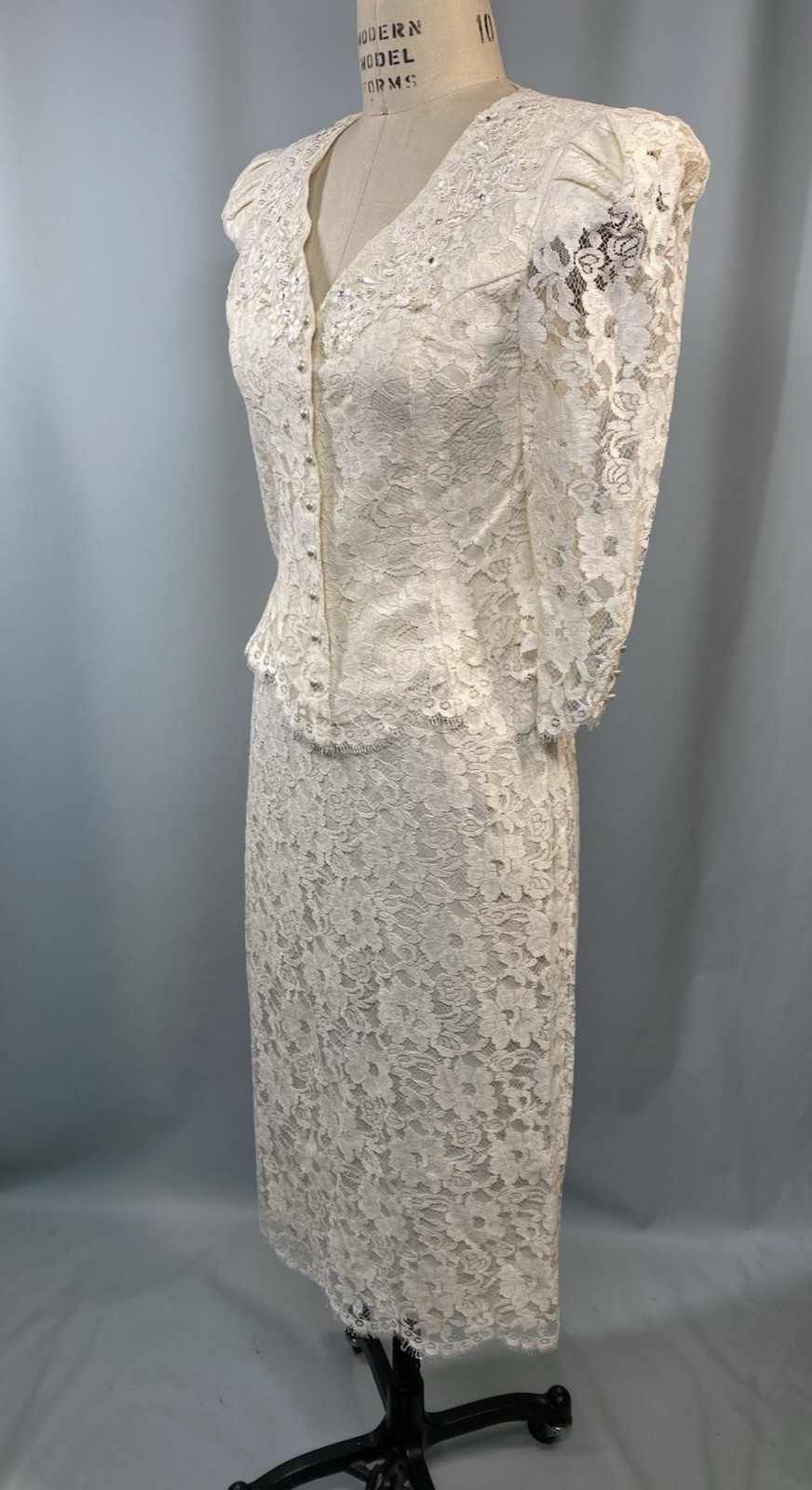 Vintage Skirt & top set SIZE SMALL 9/10 Ivory white lace wedding CACHET 80s 90s