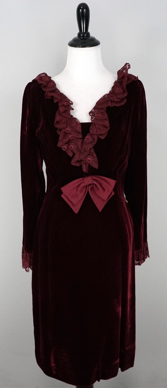 Vintage Carnival Red Burgundy Velvet Long Sleeve Lace Ruffle Victorian Dress 4