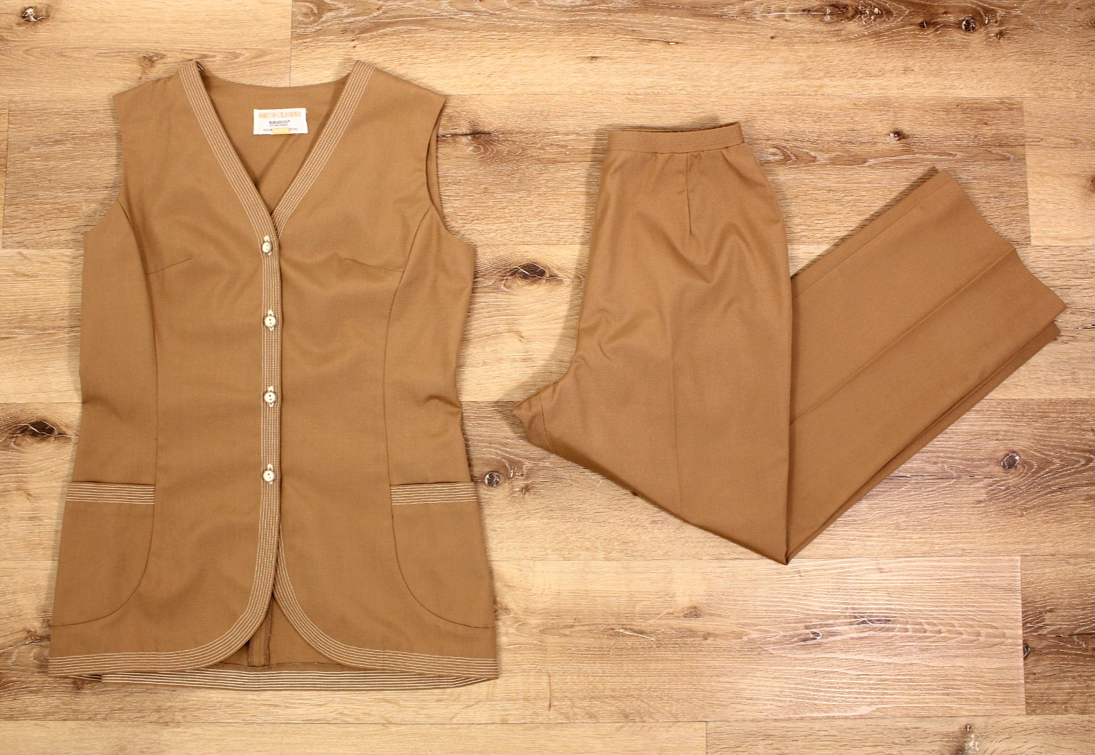 VTG Women’s 60s 2 Pc Light Brown Vest / Tunic & Pants Set S/M 1960s Koret