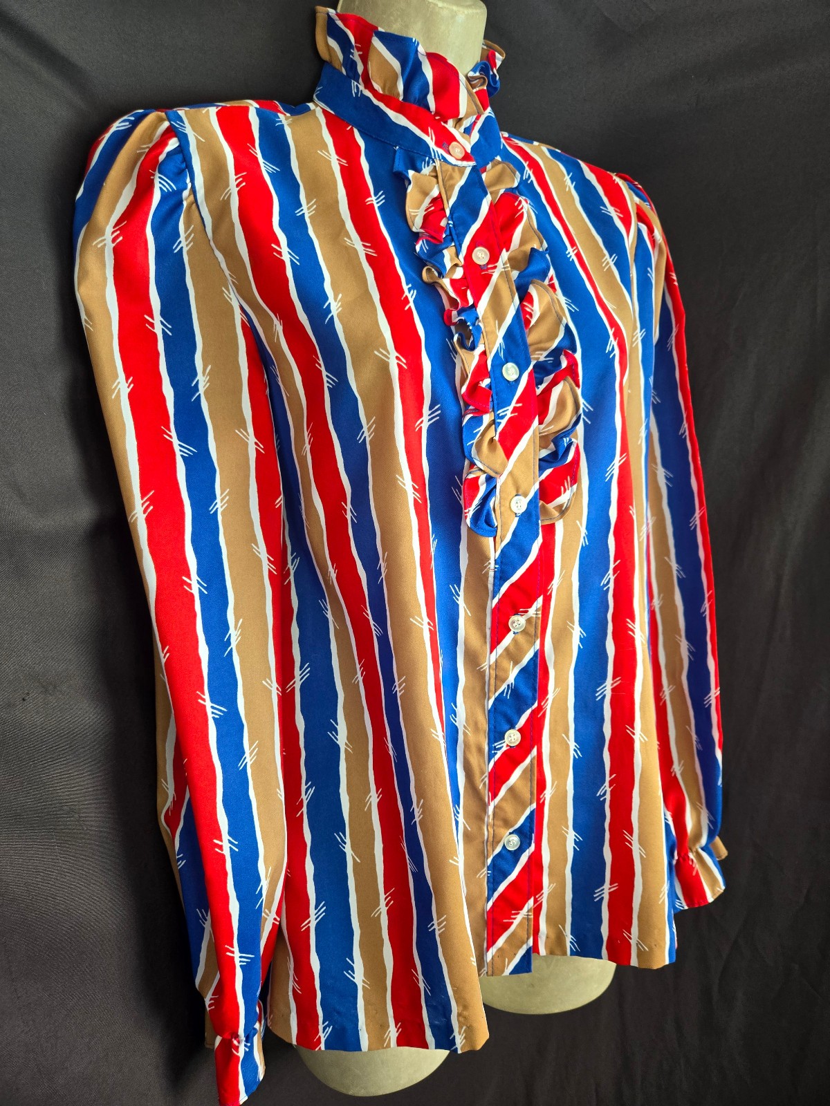 Vtg 70s 80s Ruffle Neck Prissy Secretary Suit Blouse BOLD Stripes Red Tan Blue