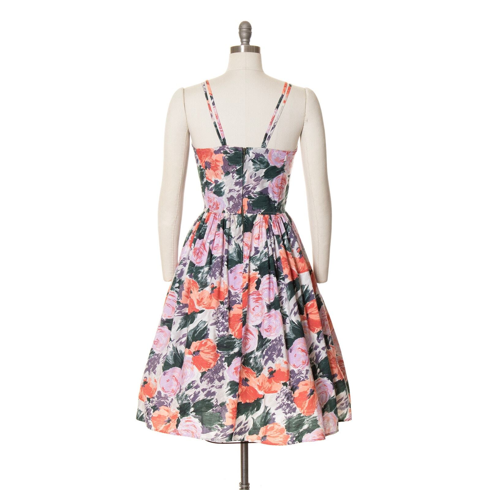 Vintage 1970s Sundress 70s does 1950s Floral Print Spaghetti Strap Fit and Flare