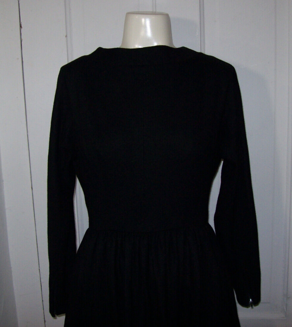 Vintage 1950s Black Long Sleeve Dress, 100% Wool, E.T Jrs CALIFORNIA, small