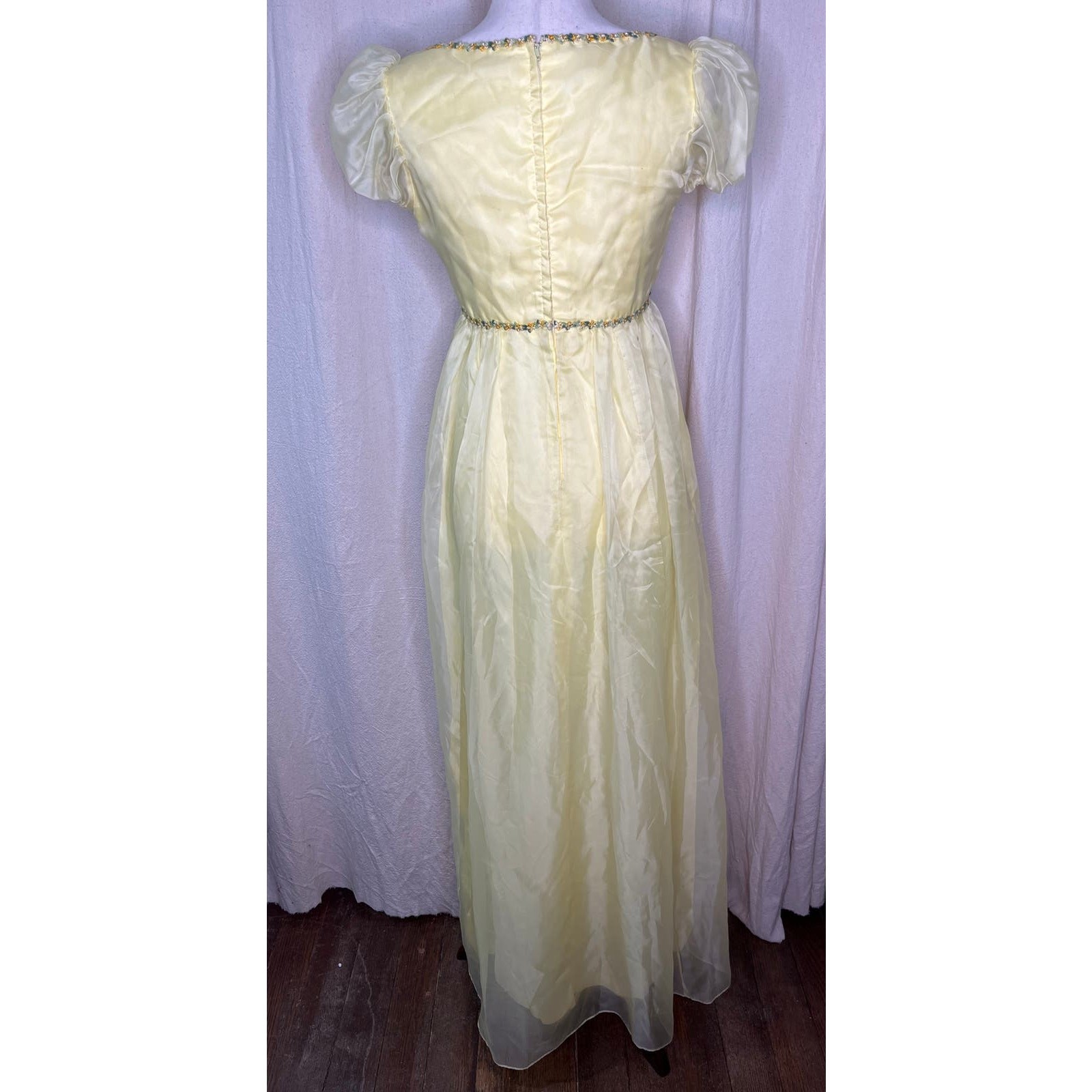 1970s Pastel Butter Yellow Floral Chiffon Coquette Fairy Tea Party Maxi Dress S
