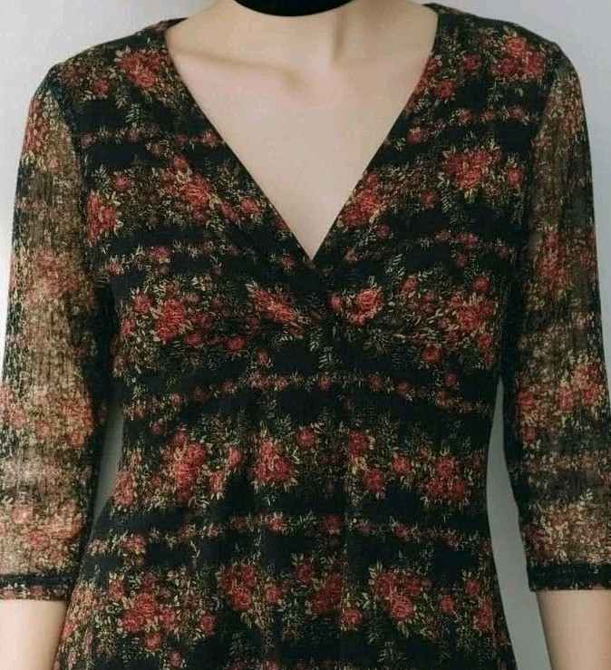 Vtg Y2K Dark Romantic Floral Top Sz M Black/Red 3/4 Sheer Sleeves Gothic