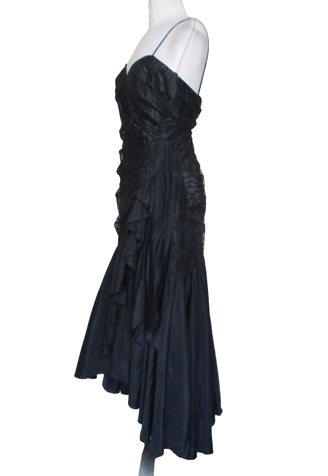 Vtg TD4 Eletra Womens Dress Gown Black Lace Shirred Bodice Taffeta Skirt XS/S