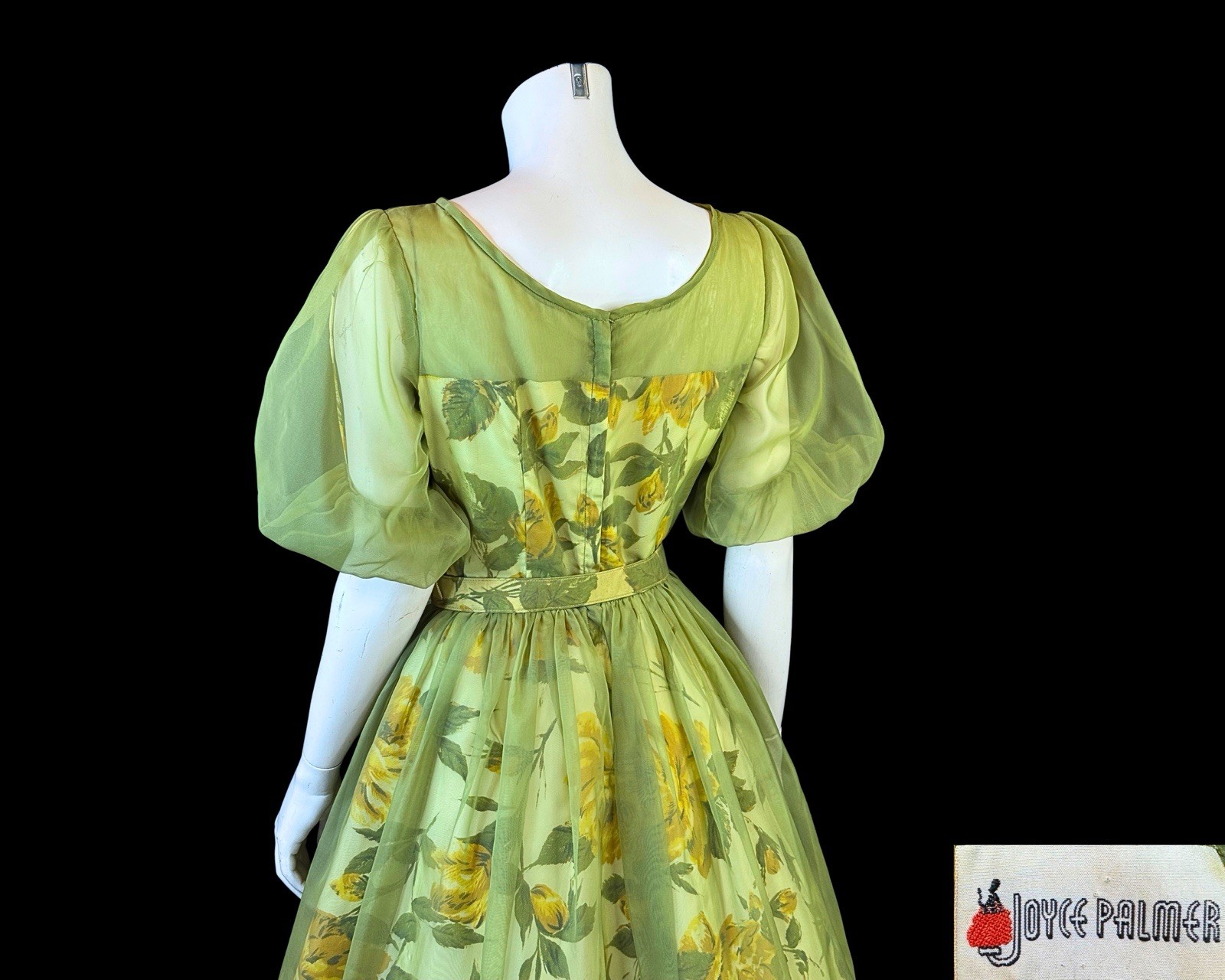 1950s Joyce Palmer Romantic Rose Floral Illusion Dress S