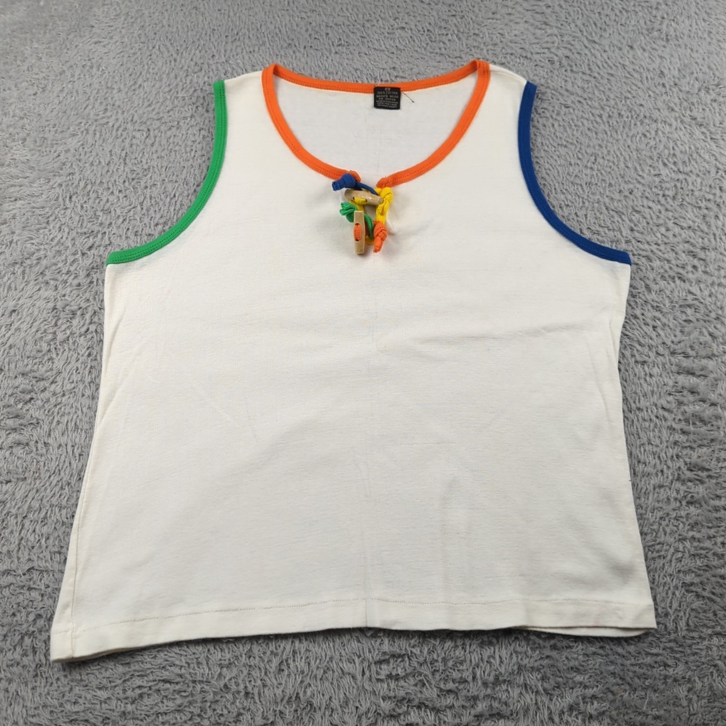 Vintage 1970s Tank Top Shirt Womens 44 White Multicolor Trim Toggle All Cotton