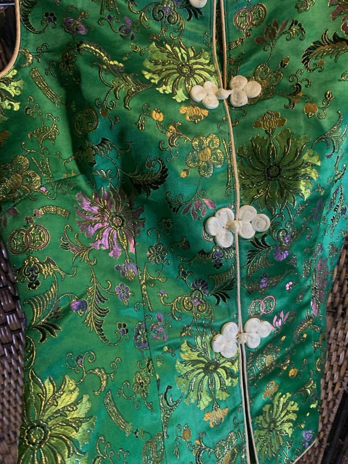 Vintage Green Silky Vest with Flower Frog Buttons