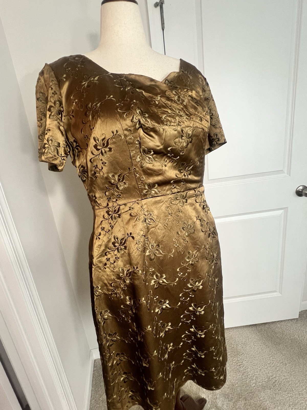 Vintage 1970s Bronze Floral Dress Made with 1950s English Fabric Below Knee