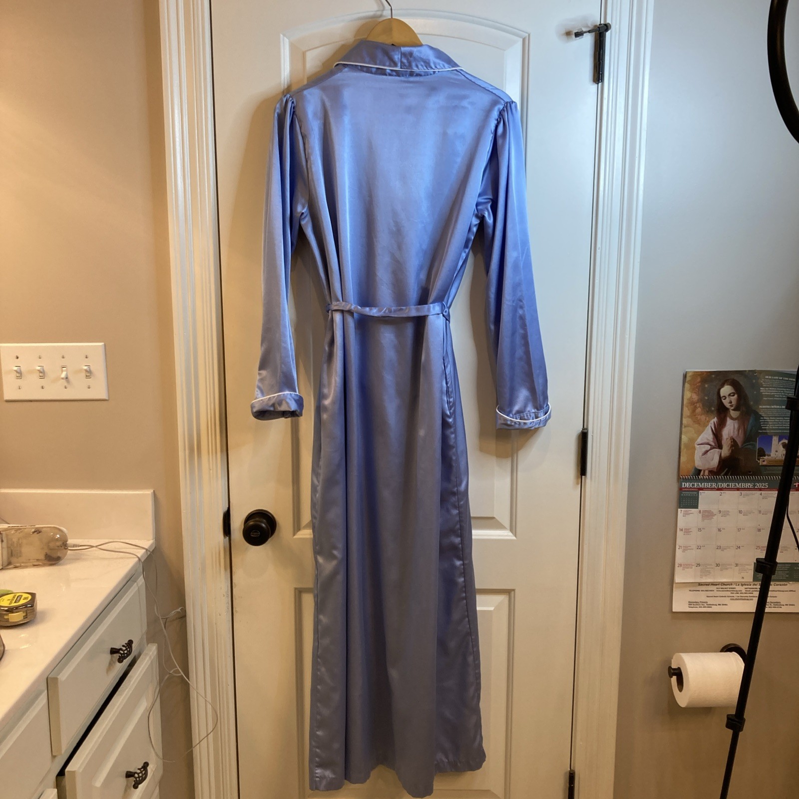 Vintage Brandywine Blue Satin Long Nightgown & Matching Robe Lace Retro MCM M/L