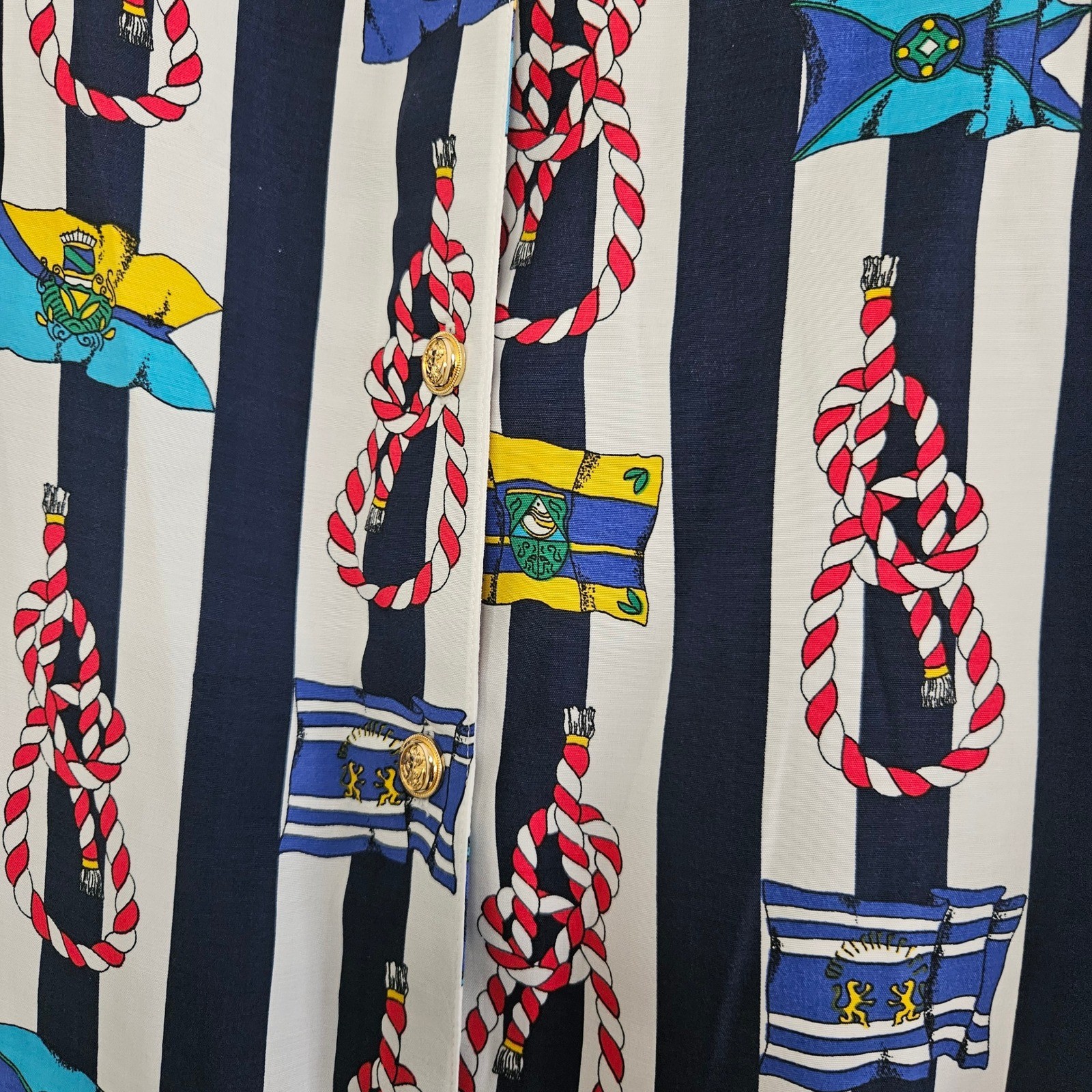 Vintage C&A Nautical Stripe Rope Flag Print Viscose Button Up Shirt Navy EUR 40