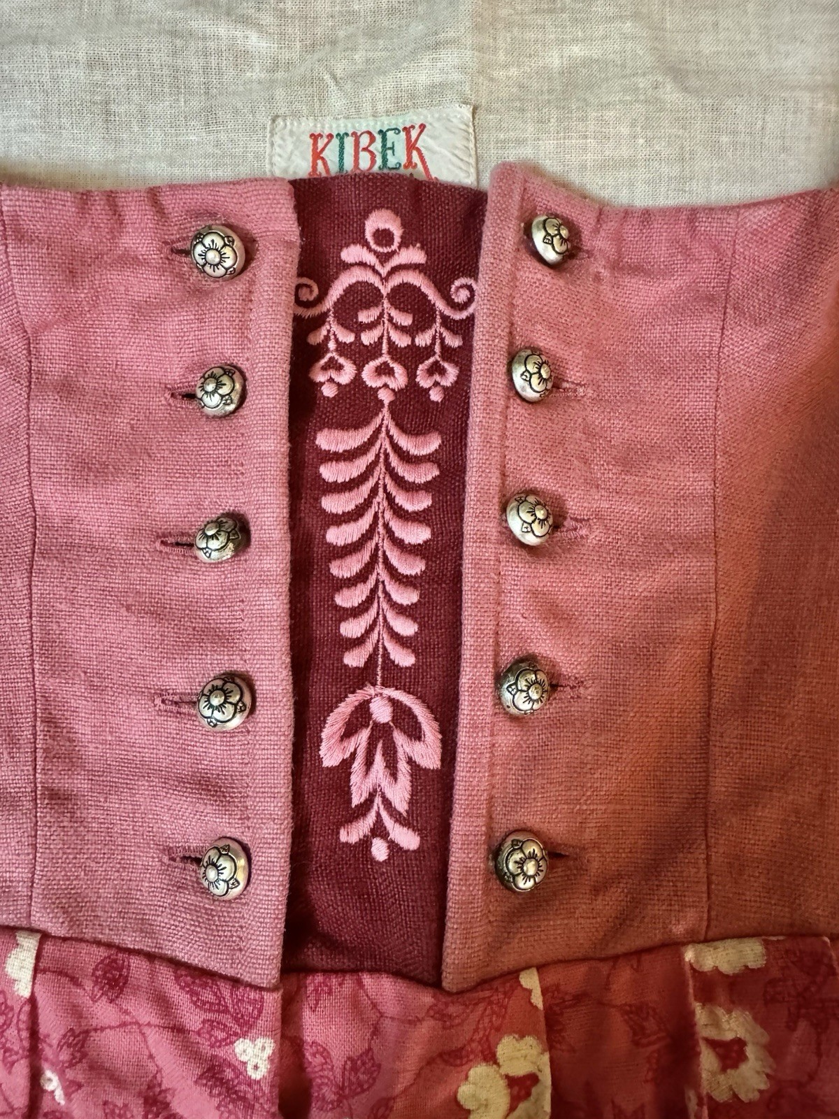 VTG Kibek Dirndl Sportalm Austria Pink Dress Corset Floral Embroidery Metal XS S