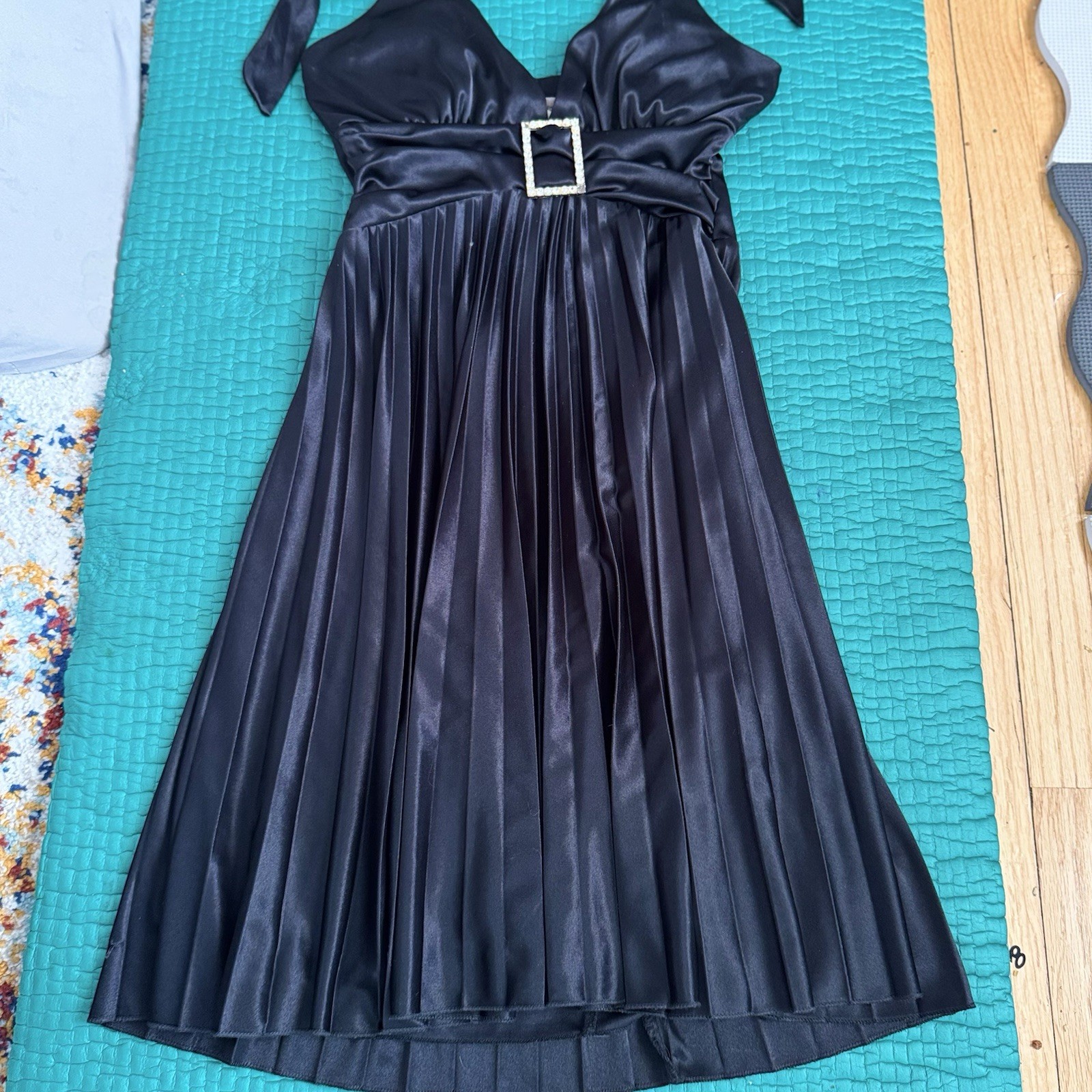 Vintage Y2K Speechless Midi Party Dress Halter Pleated Satin Black Sz S 2000s