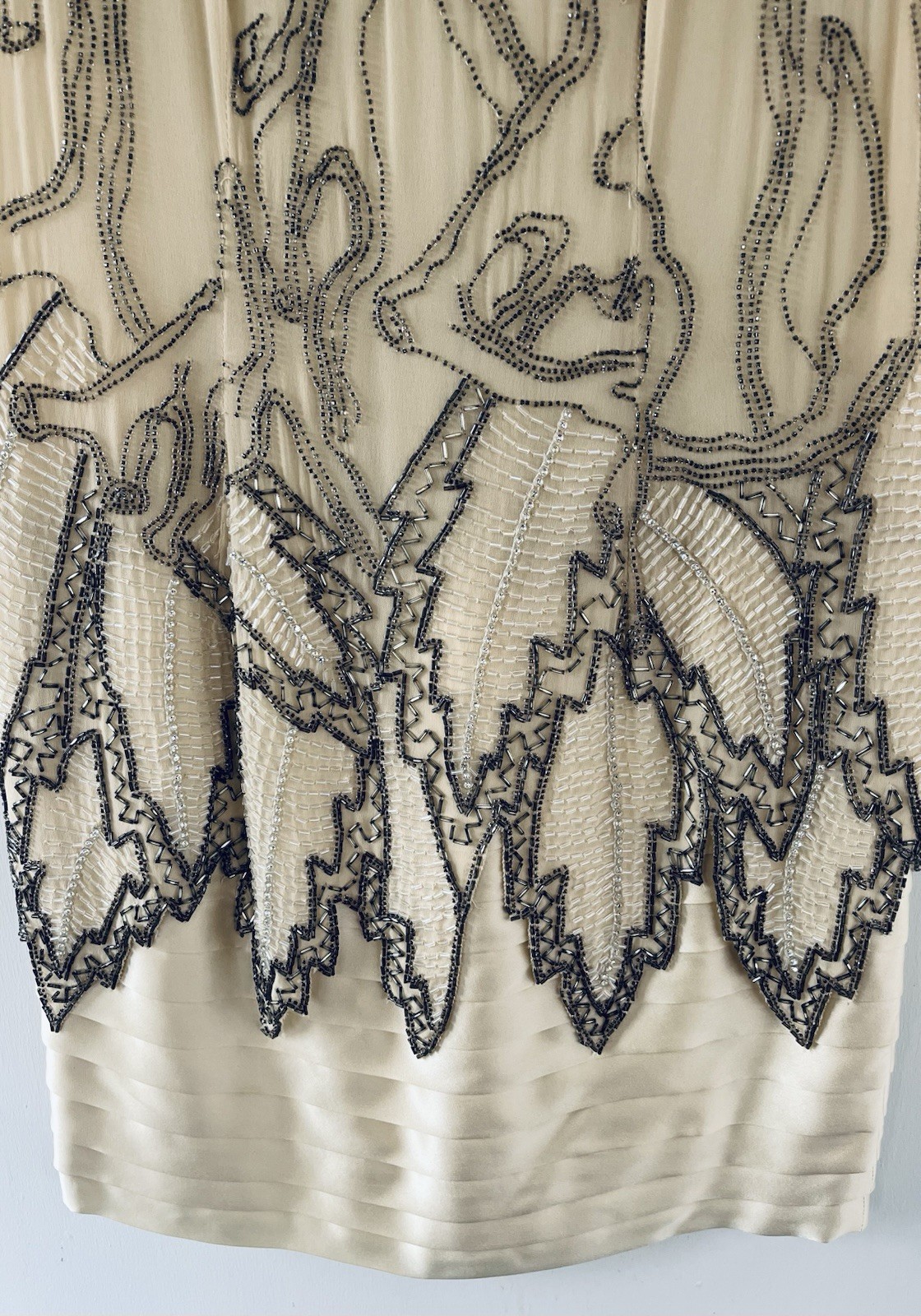 Vintage Fabrice Simon 1980s Beaded Handmade Silk Dress w/ Leaf Motif Over Skirt