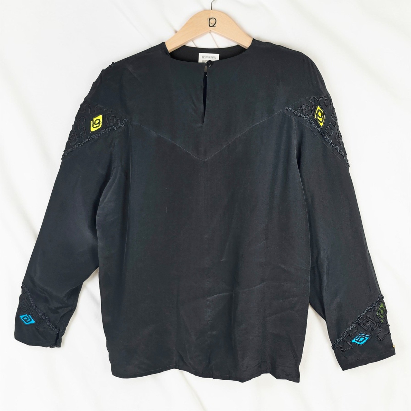 VTG Anne French Blouse Woman Lrg Black Silk Embroidered Neon Geometric Art Deco