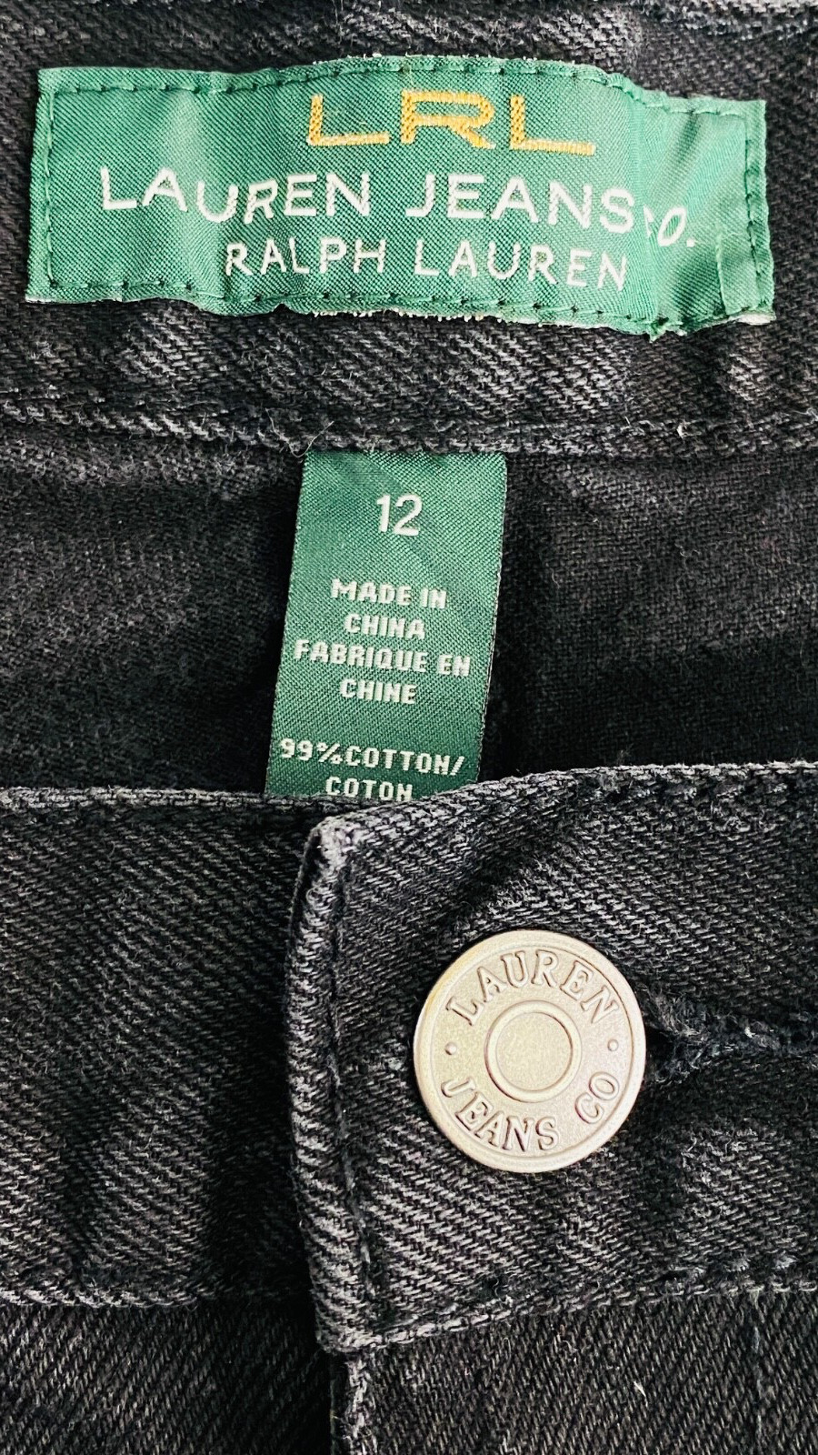 Black RALPH LAUREN jeans, relaxed dark gray high waist straight leg stretch 12