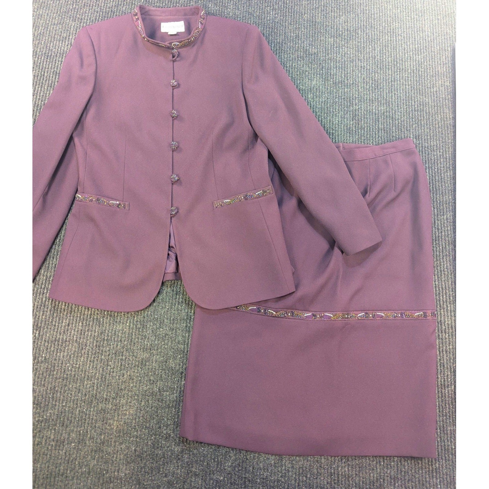 John Meyer of Norwich Plum Purple Beaded Skirt Suit Set Vintage Size 10