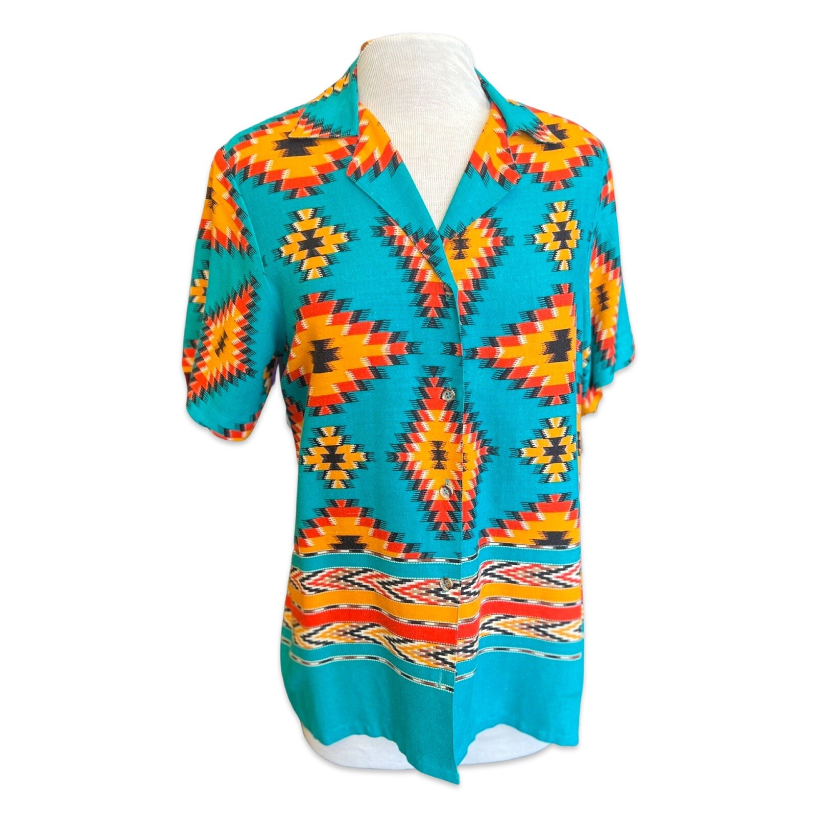 Vintage 80s 90s Top Jack Winter Medium Turquoise Shirt Southwest Print #167