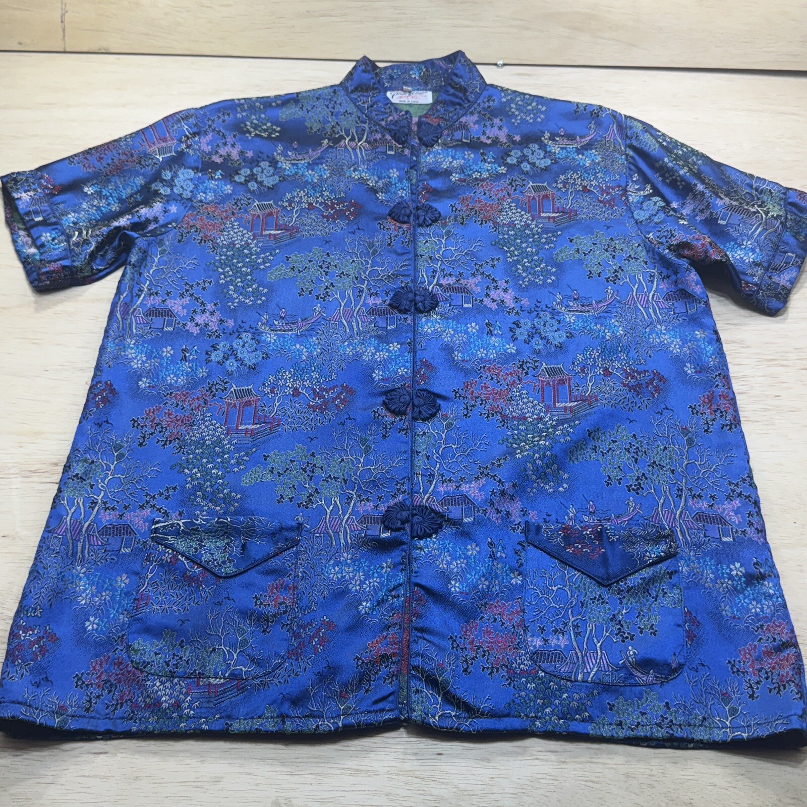 Plum Blossom Women’s Sz XLarge Blue Oriental Chinese Embroidered Shirt Colorful