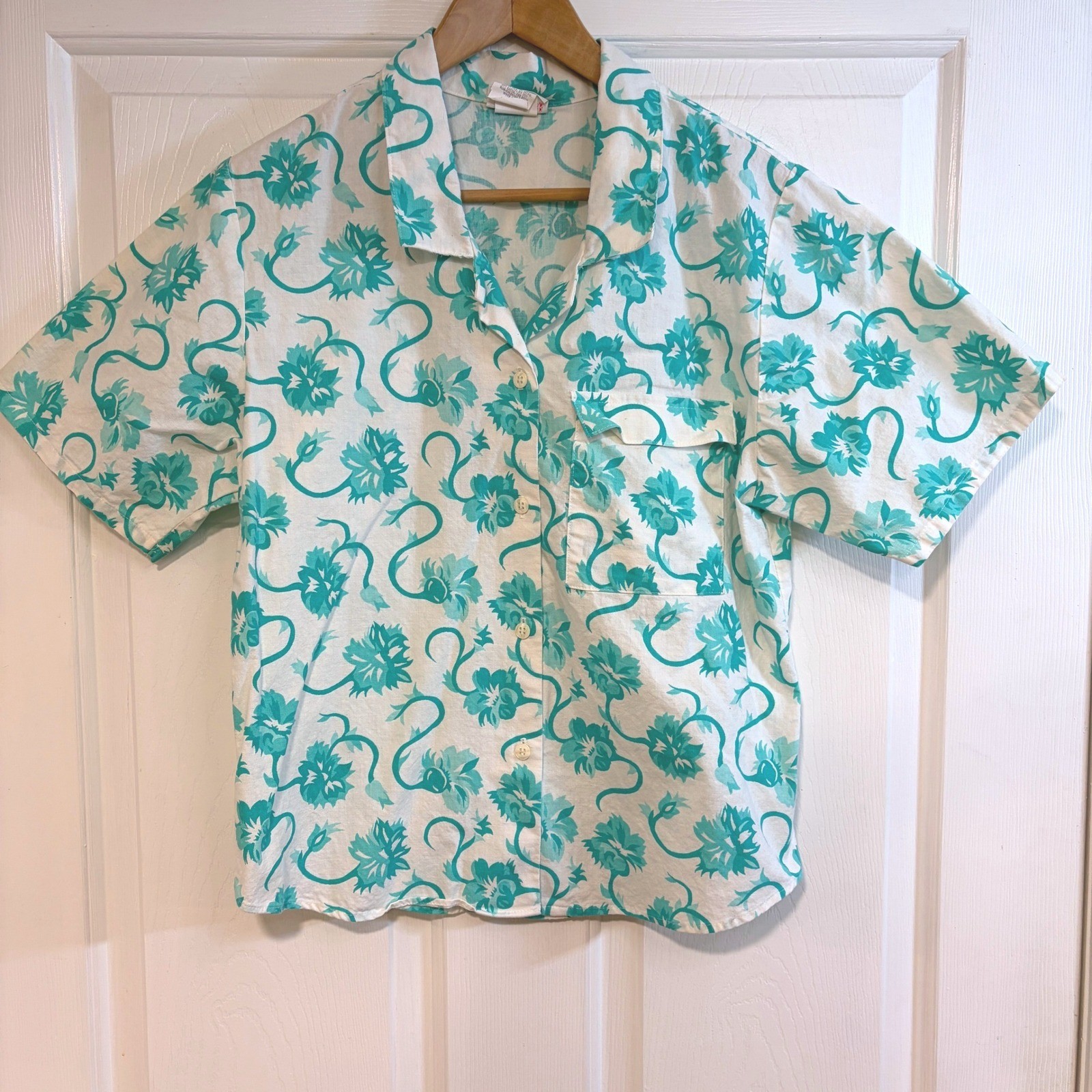 Cos Cob Vintage Teal White Floral Cotton Short Sleeve Button Up Shirt USA L