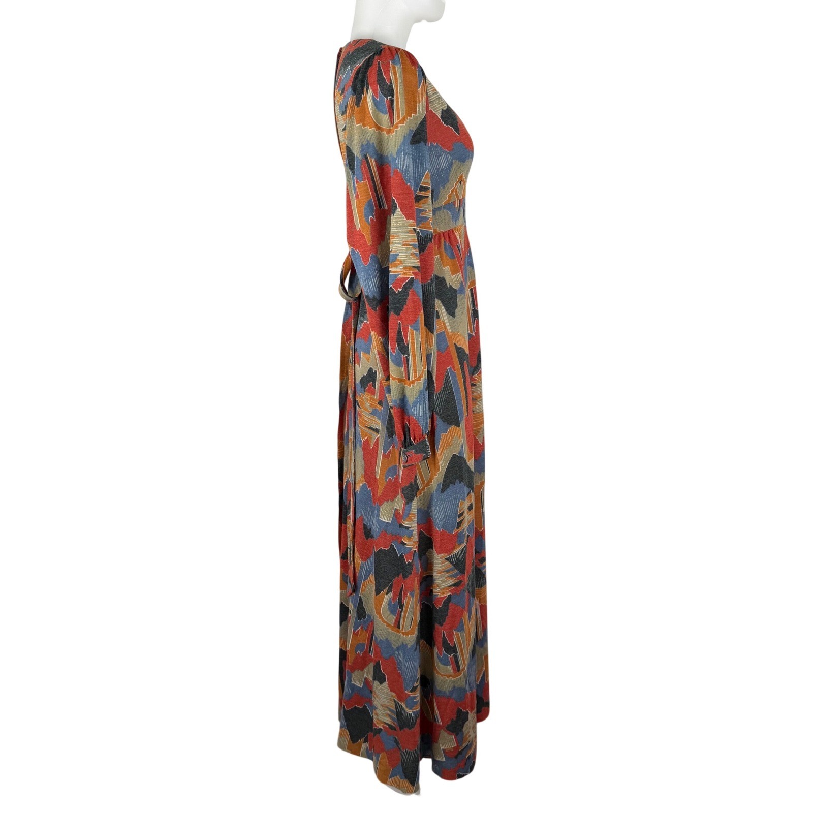 Vintage 70s Lansford Maxi Dress Abstract Geometric Deep V-Neck Empire Waist Boho