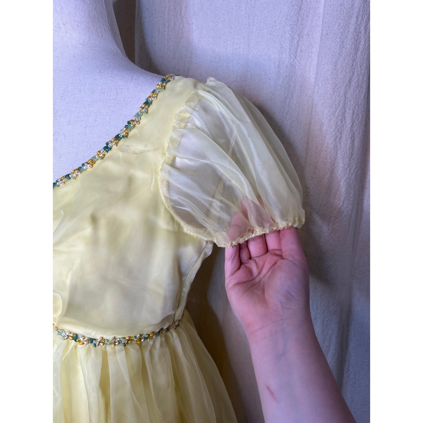 1970s Pastel Butter Yellow Floral Chiffon Coquette Fairy Tea Party Maxi Dress S