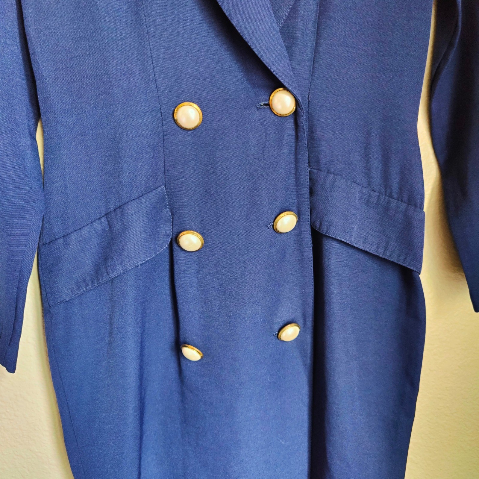 Vintage 80s Young Edwardian Royal Blue Blazer Dress Pearl Buttons Retro Sheath