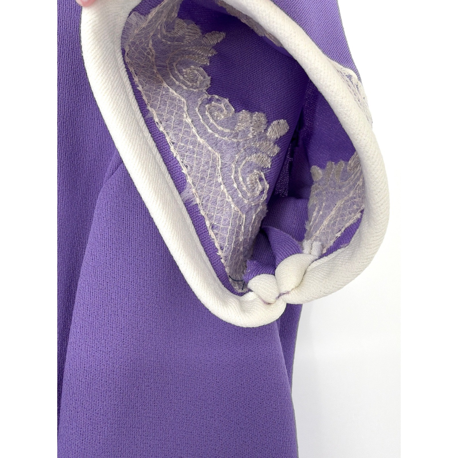 Vintage 60s 70s Mod Purple Fit & Flare Dress White Embroidery Knit Crepe Small