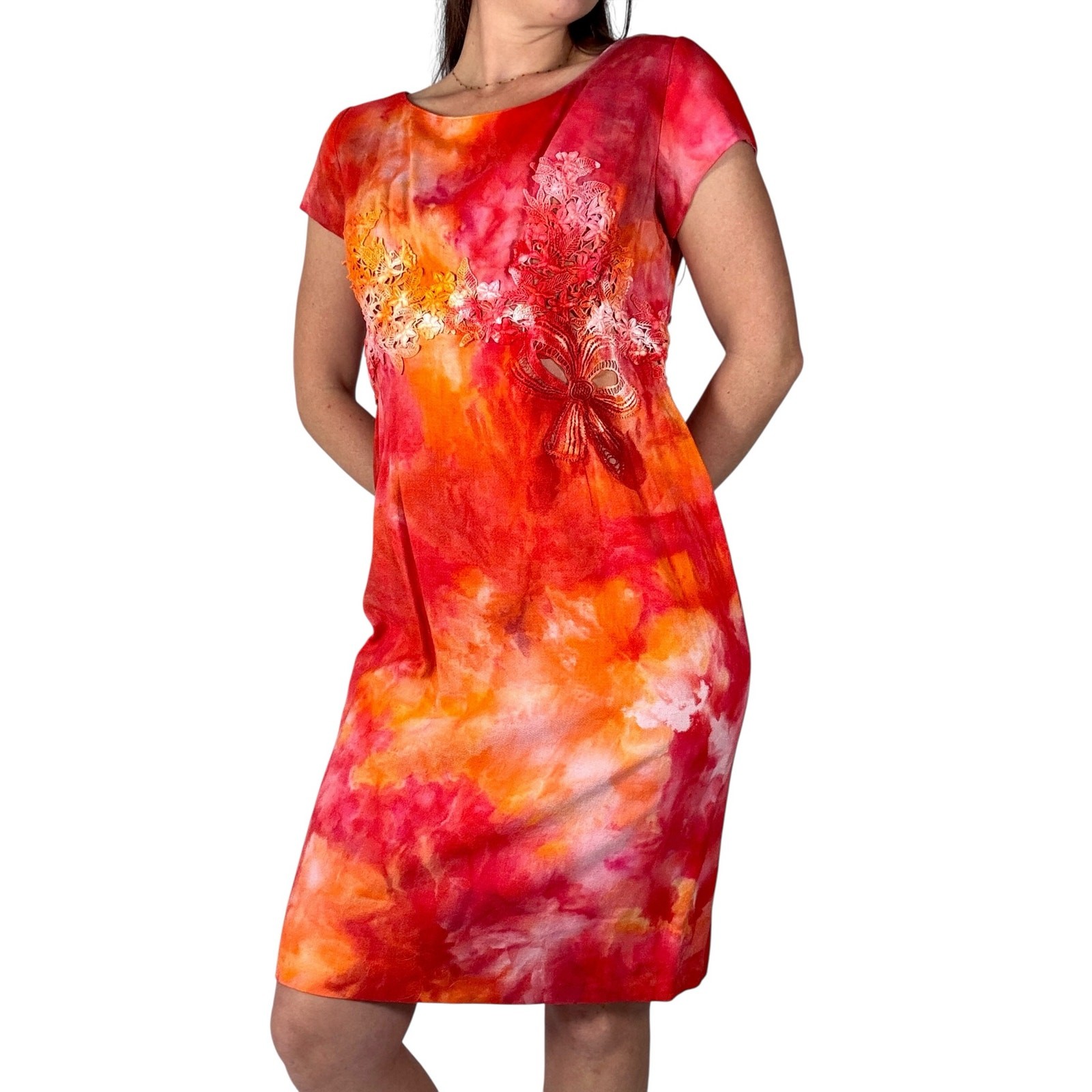 Vintage 1950s Ice Dyed Cotton Lace Wiggle Dress Sunset Pink Orange Sheath