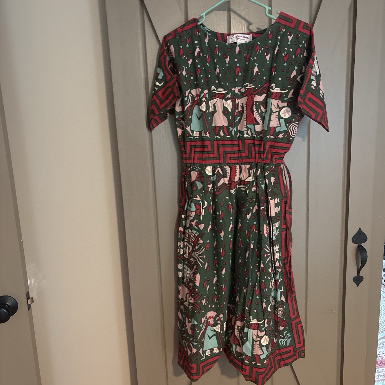 Vintage 1970 Silvania Prints Cotton,Mid Dress Sz S,Handprinted Peruvian Folklore