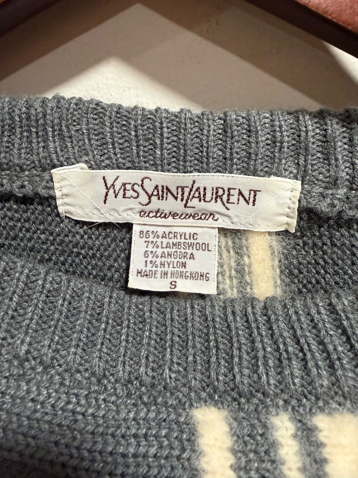 Vintage 1980s YVES SAINT LAURENT Activewear Sweater Grey White Stripe Womens YSL