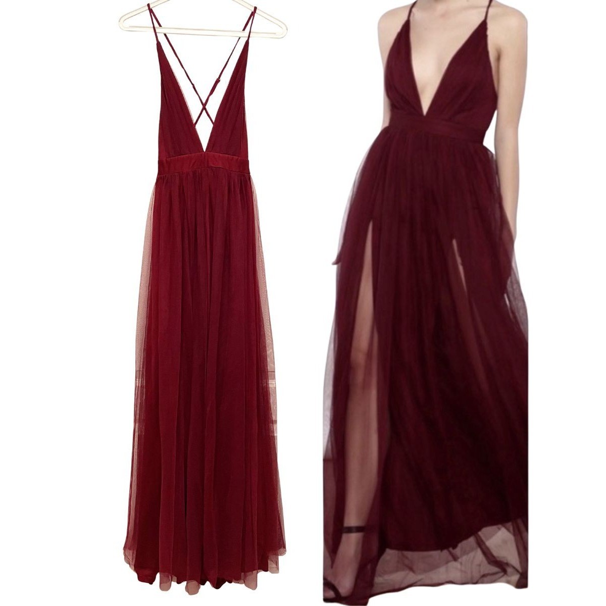 Luxxel Maroon Dark Red Deep V-Neck Spaghetti Formal Dress Size Small