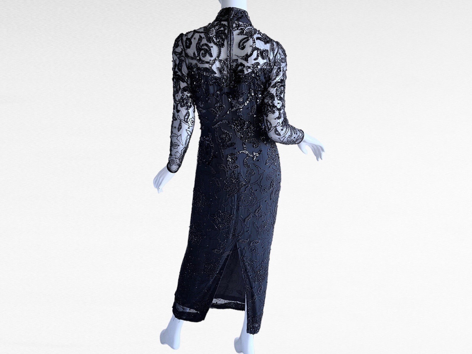 1980s Black Sequin Beaded Victorian Edwardian Goth Evening Dress Medium