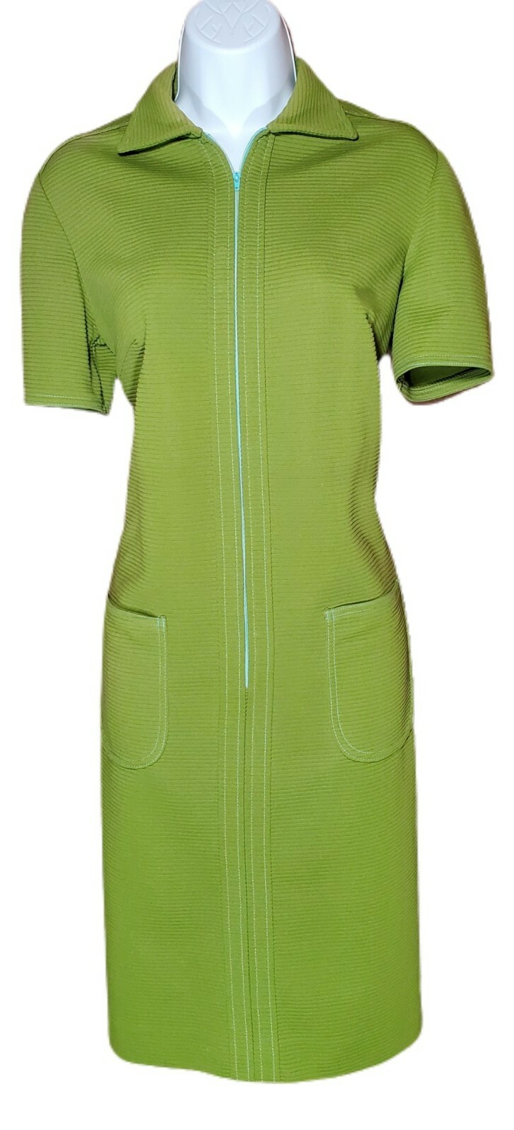 60’s Route One Union Made Avacado Green Ribbed Dress Turquoise Accents Medium?