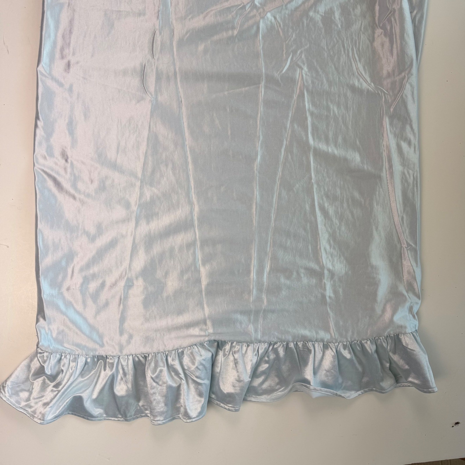 Vintage Stardust Blue Satin Lace Nightgown Long Sleeve Soft Ruffle Hem Small