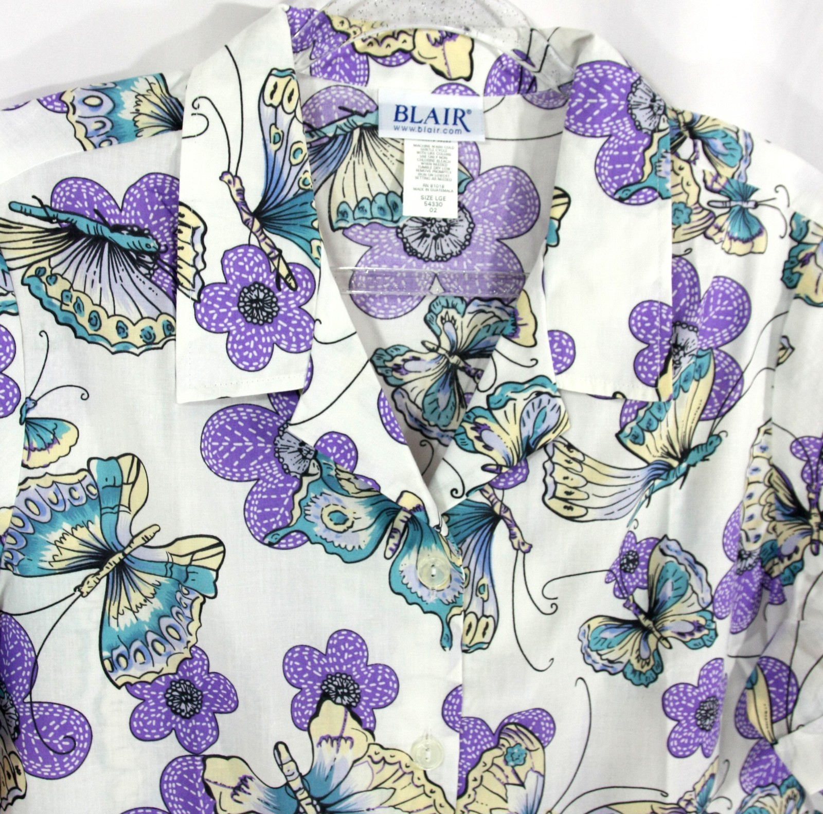 Vintage Blair Purple and White Butterfly Short Sleeve Shirt Blouse Top L Whimsy