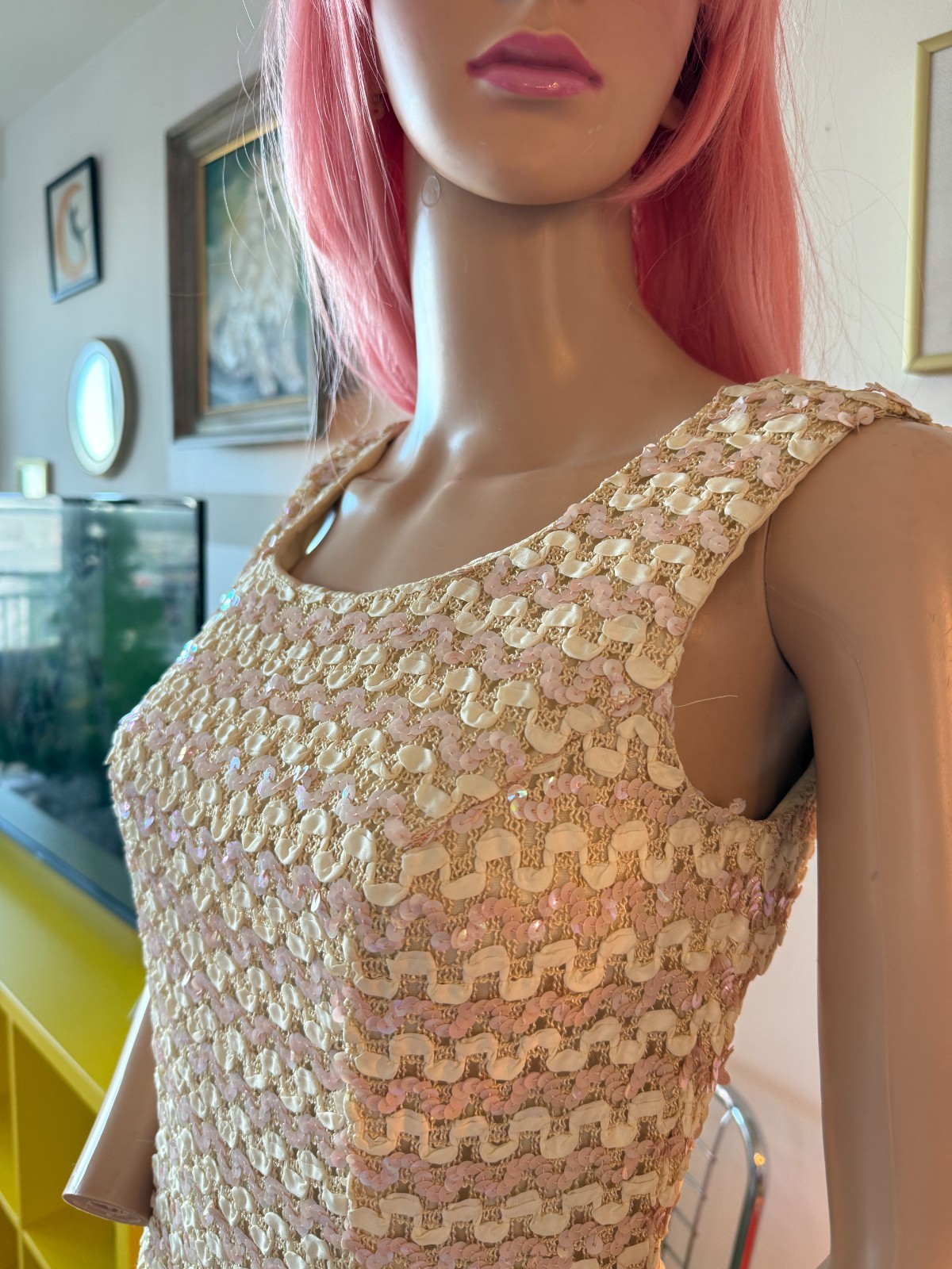 💖 Vtg 50s Pink White Sequin Knit Pinup Bombshell Bodycon Glimmer Dress S M