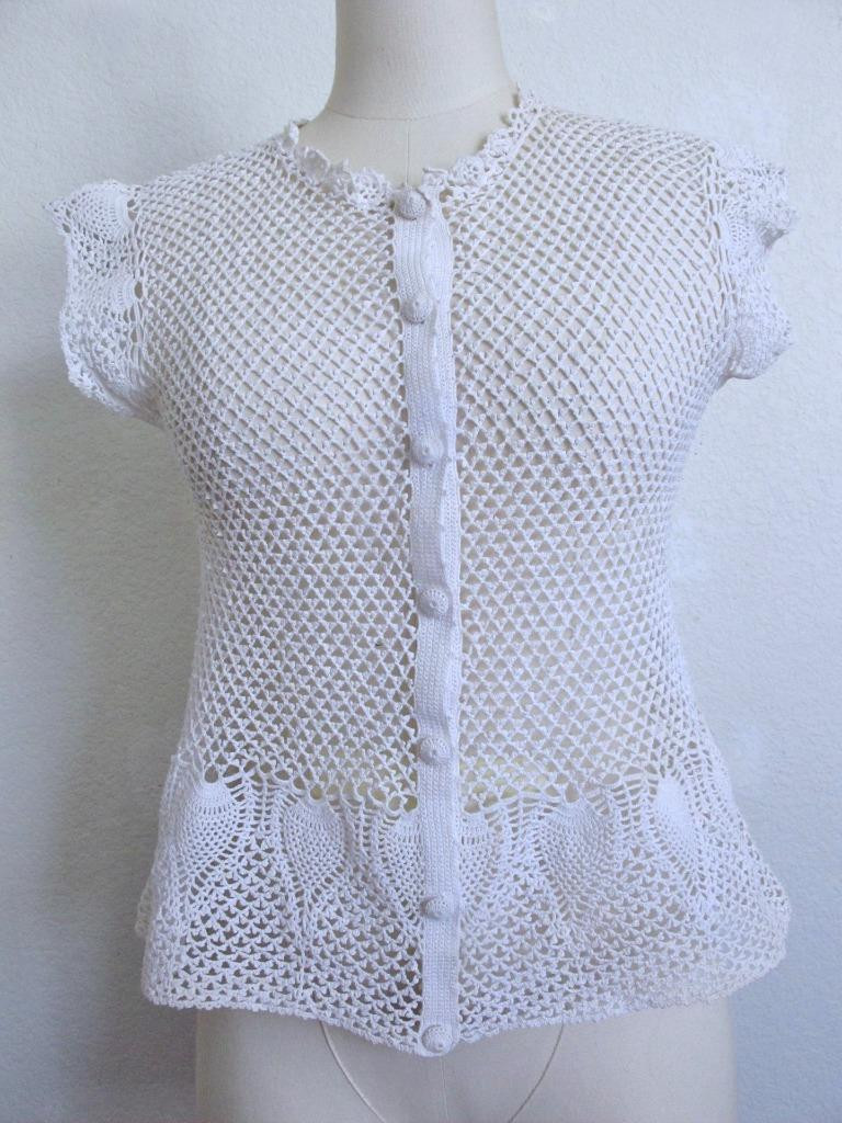 Vintage Hand Crocheted Button Down Cardigan Top S Cotton Openwork Lace Pineapple