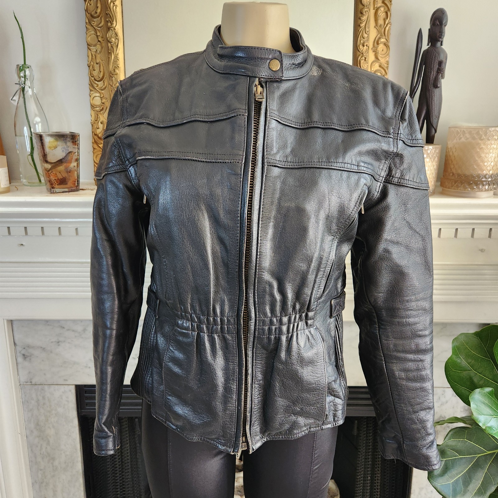 Vintage 80s Black Leather Moto Jacket Racing Biker Skull Size Medium Rocker