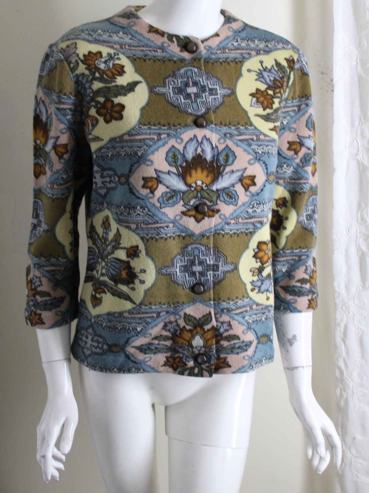 Vintage 1970s KIO 100% Wool Glam Art Boho Printed Cardigan Sweater Sz M L 10 12