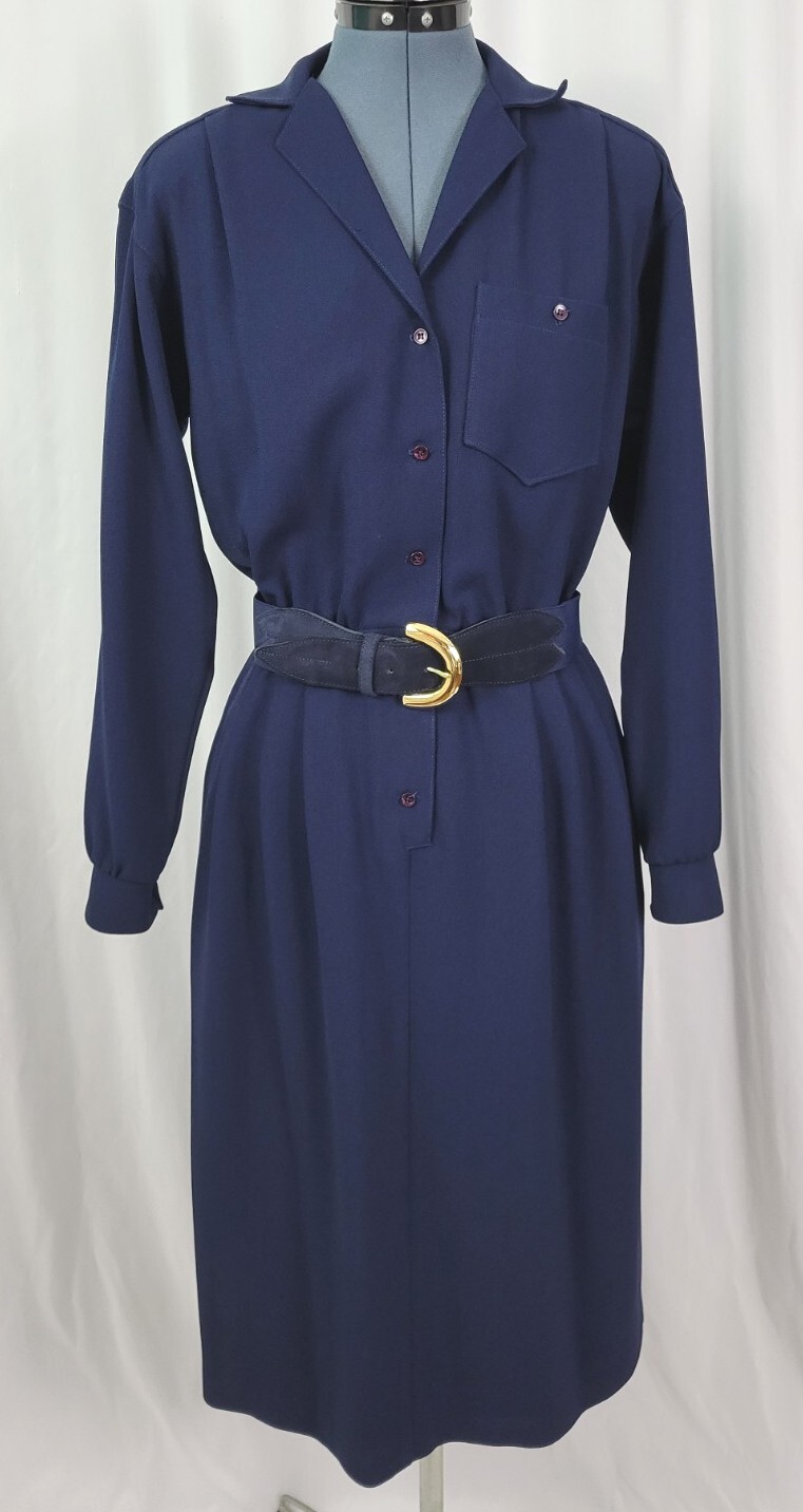 Vintage Donna Morgan for Non Stop Navy Blue Shirt Dress w Belt Size 7/8