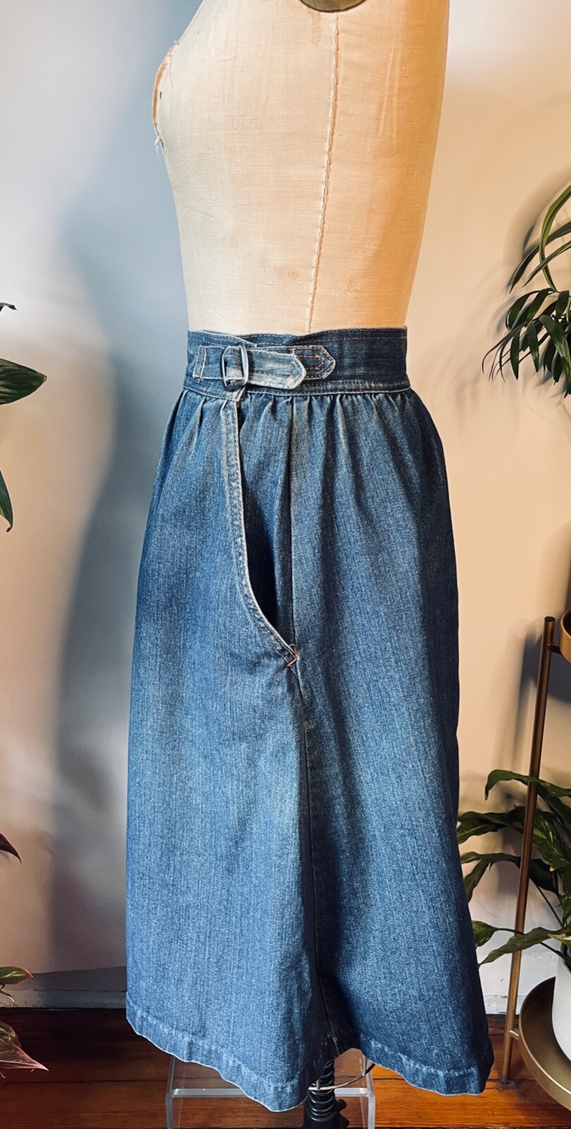 VTG JEAN MACHINE 70’S-80’S BOHO PRAIRIE BLUE DENIM PLEATED SKIRT HIGH WAIST*XS/S