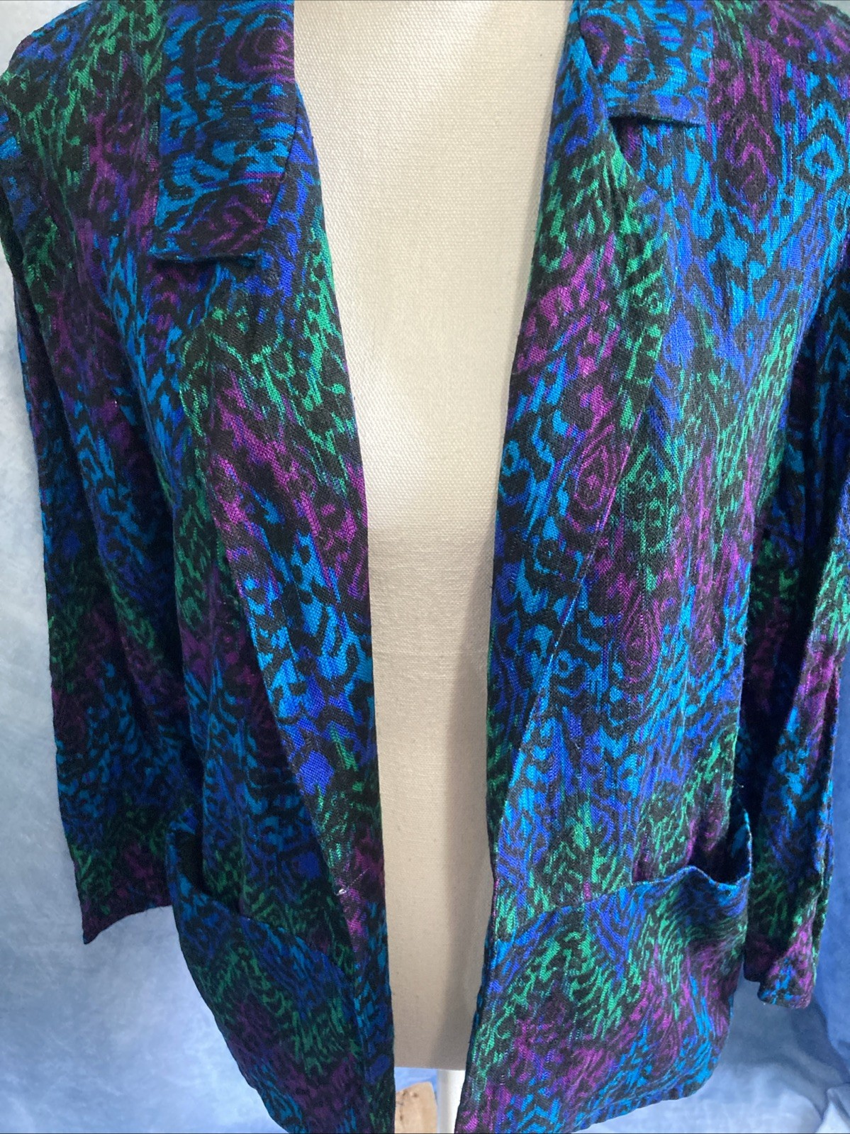 VTG 80s Casablanca Abstract Blazer Jacket Womens 6 Rayon Flax Blue Purple Green