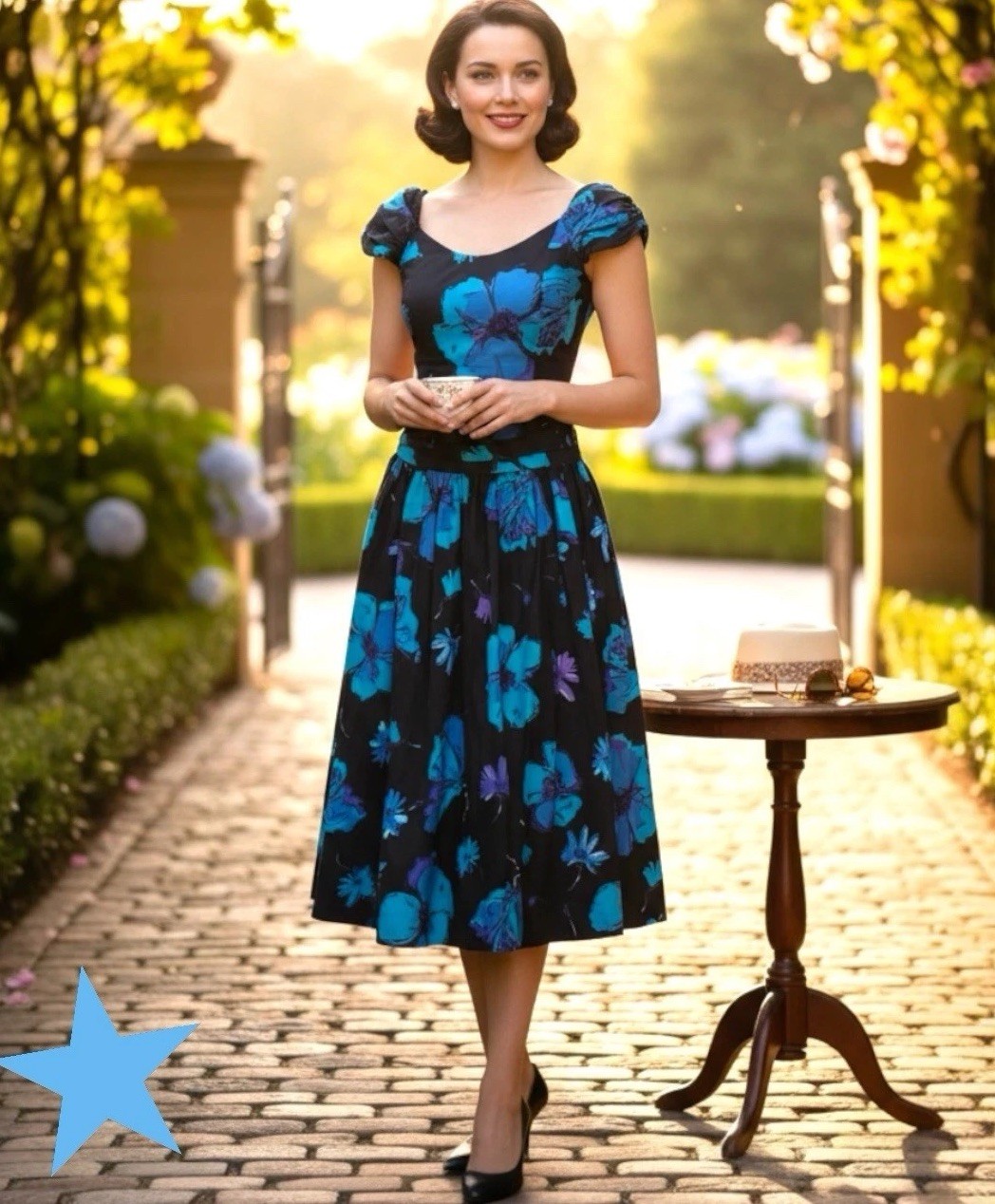 Vtg. 80s Laura Ashley UK Blue Floral Party Dress Cottagecore Trad Wife XS 0 2