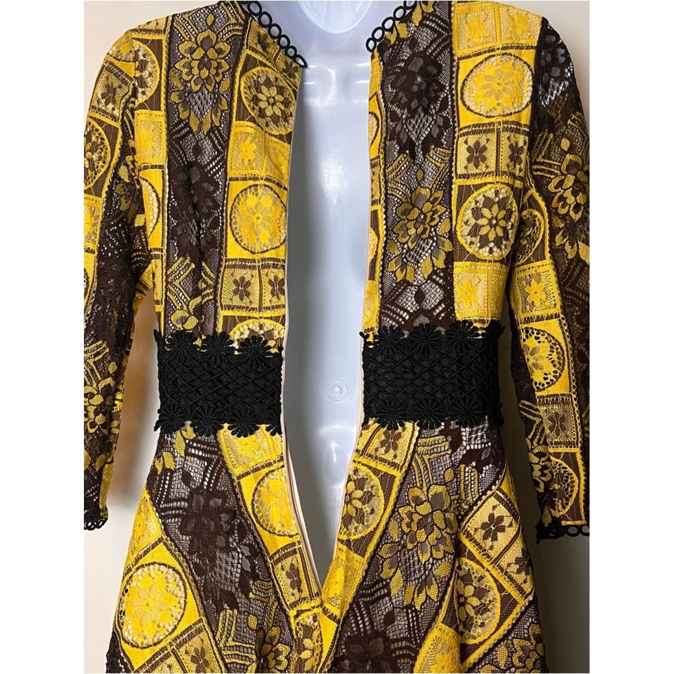 VTG 60s 70s Yellow Brown Lace Overlay Handkerchief Hem Midi Dress Sz S/M
