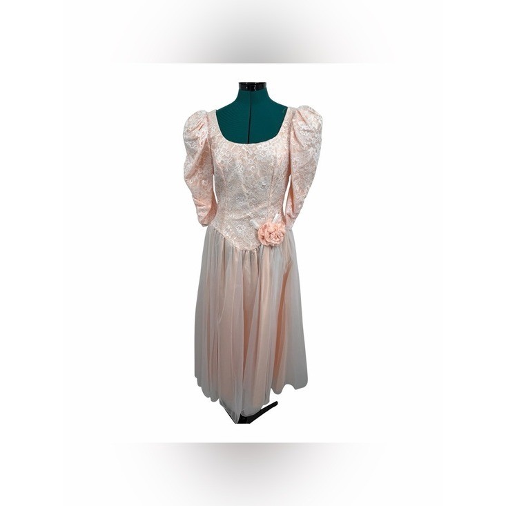 Vintage Alfred Angelo Blush Pink Lace Tulle Puff Sleeve Formal Dress USA ILGWU