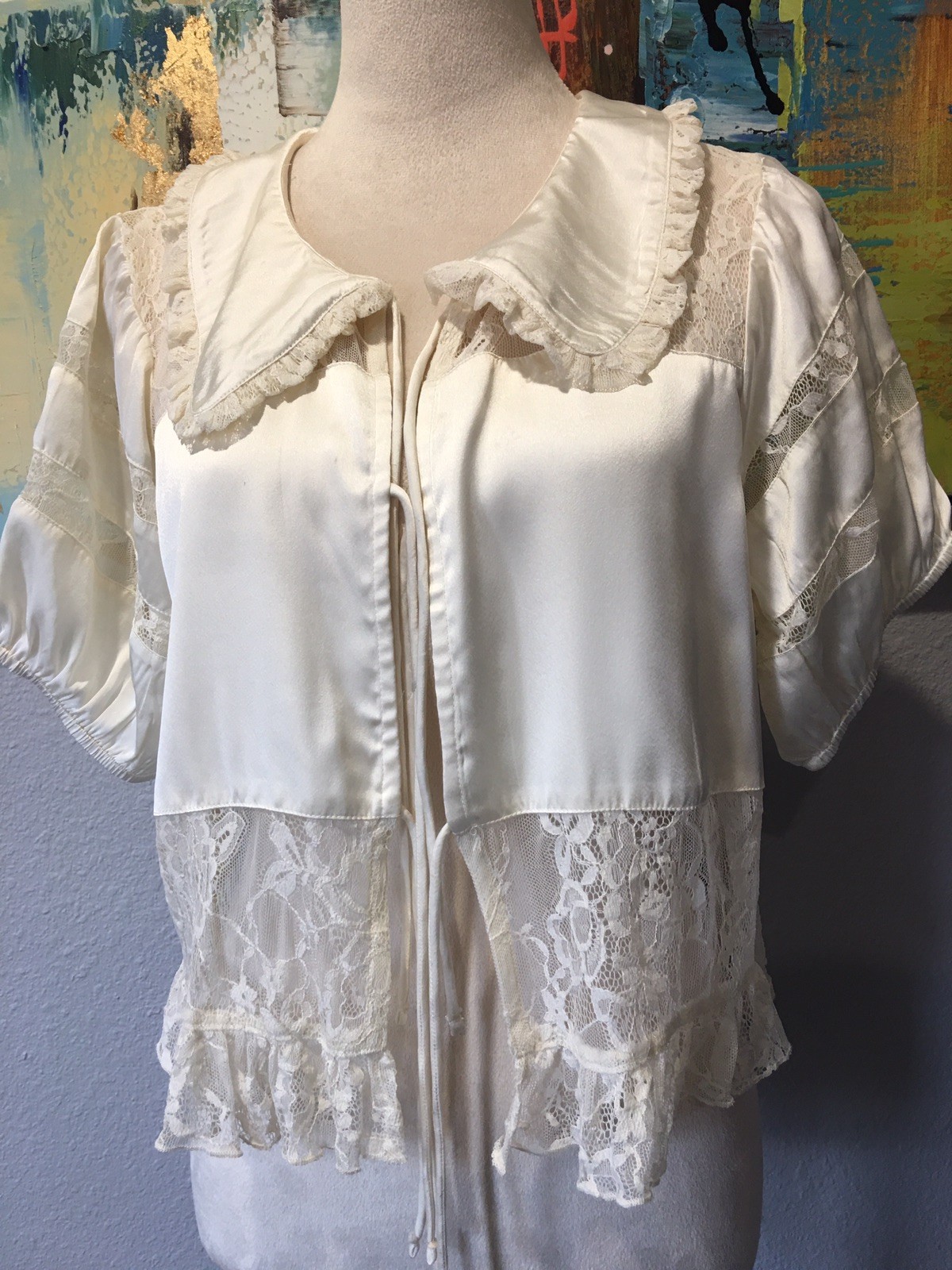 Vtg Reclaimed Vintage Satin Lace Crop Bolero Jacket S M
