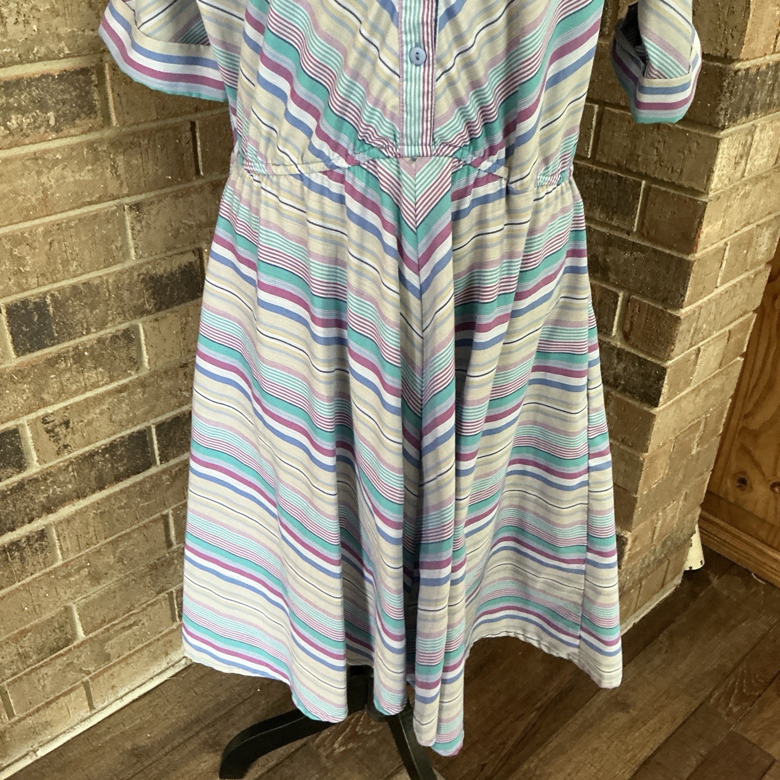 VINTAGE American Shirt Dress Pastel Stripe Button Midi USA Women’s Sz 15/16 #1D9