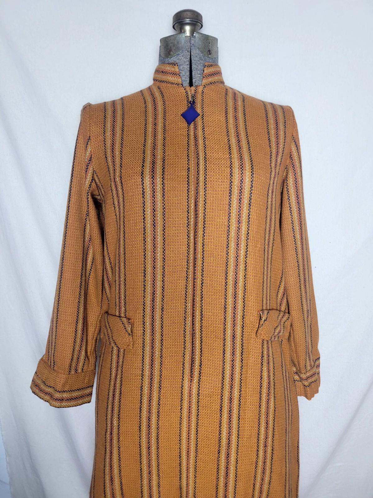 Vintage 60s Mod Wool Mini Dress Orange Stripe A Line Long Sleeve Small Zip Up