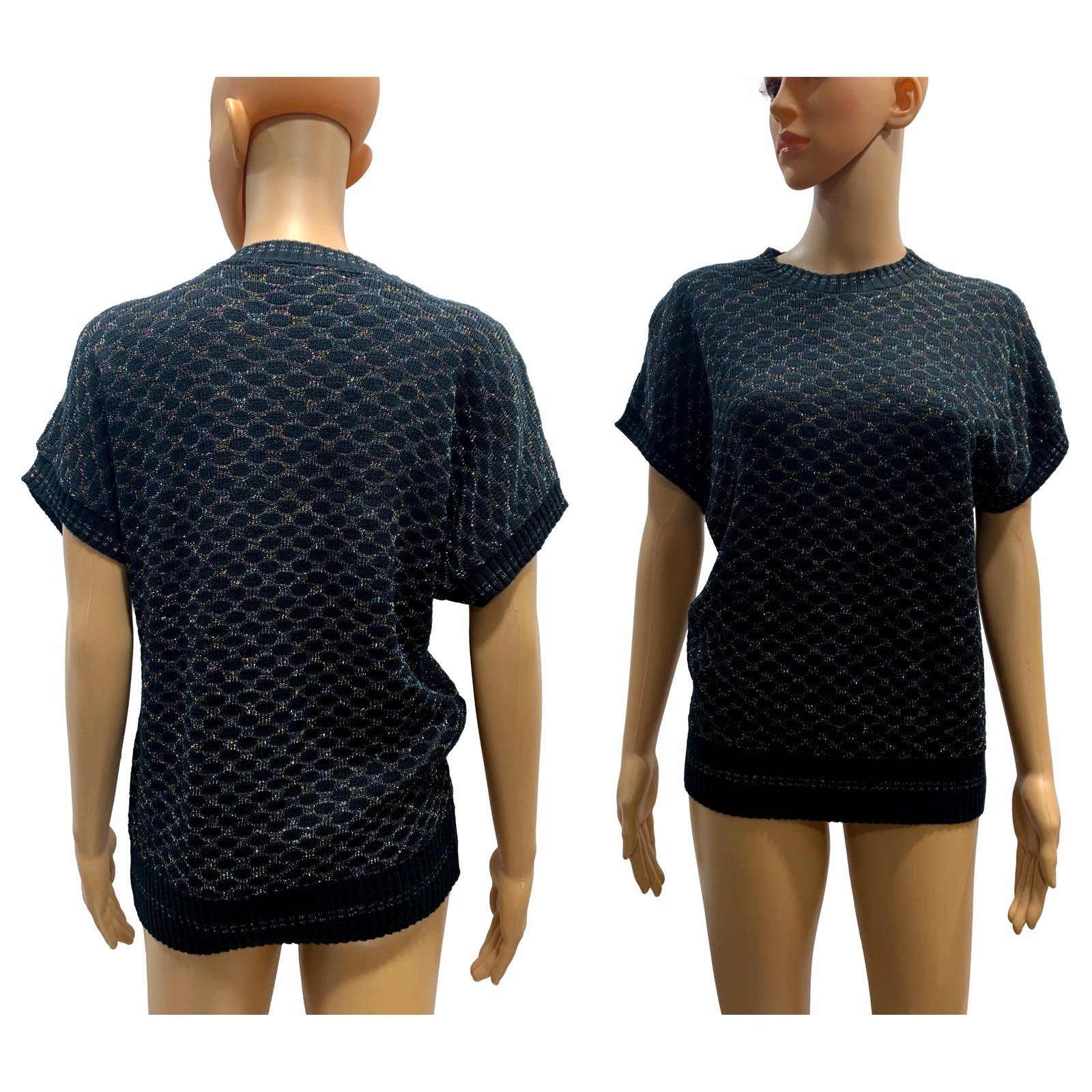 70s Kenneth Too Black Metallic Knit Sweater Top | Rainbow Lurex Vest XS/S